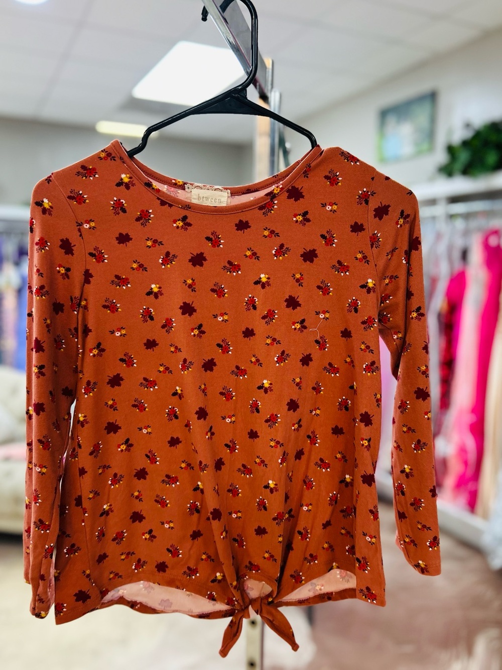 btween Rust Floral Tie-Front Long Sleeve Top with Burgundy Accents